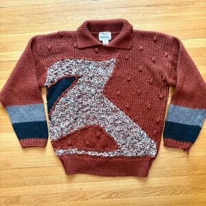 Vintage All Points Hand Knit Sweater Size L Brown Black Gray Textured Geo Weave